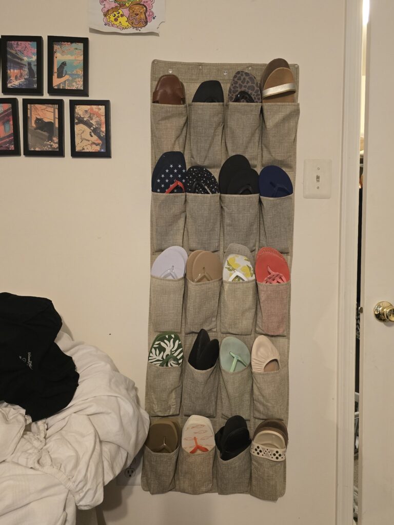 Over-the-door hanging shoe organizer with sandals