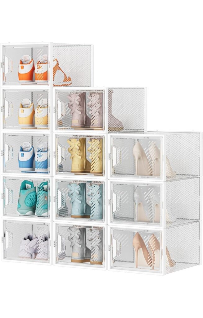 12-pack X-large clear stackable shoe boxes filled with shoes